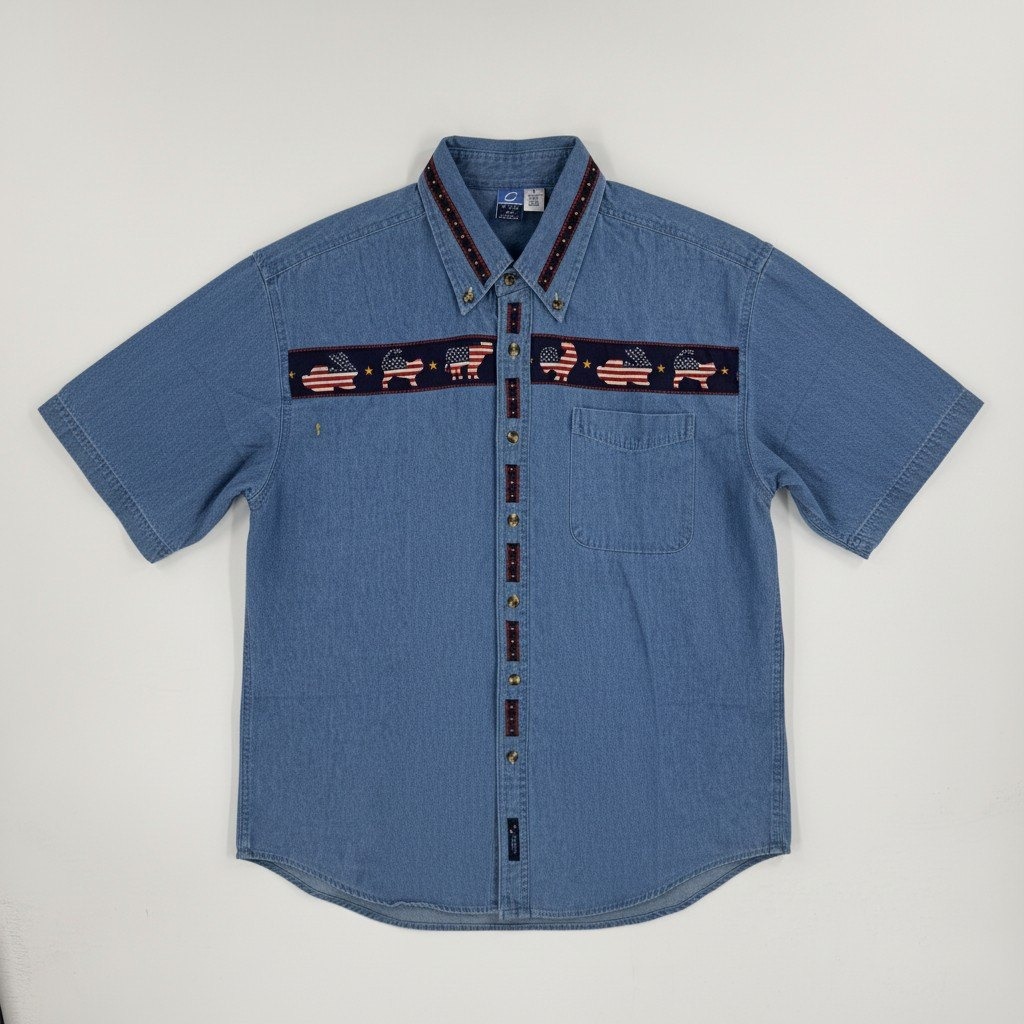 Vintage Port & Company Americana Flag Trim Chambray Button Down Shirt Size M